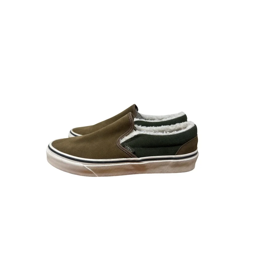 Vans Classic Slip-On Suede Sherpa Faux Fur Lined Olive Green Mens 6.5 Womens 8